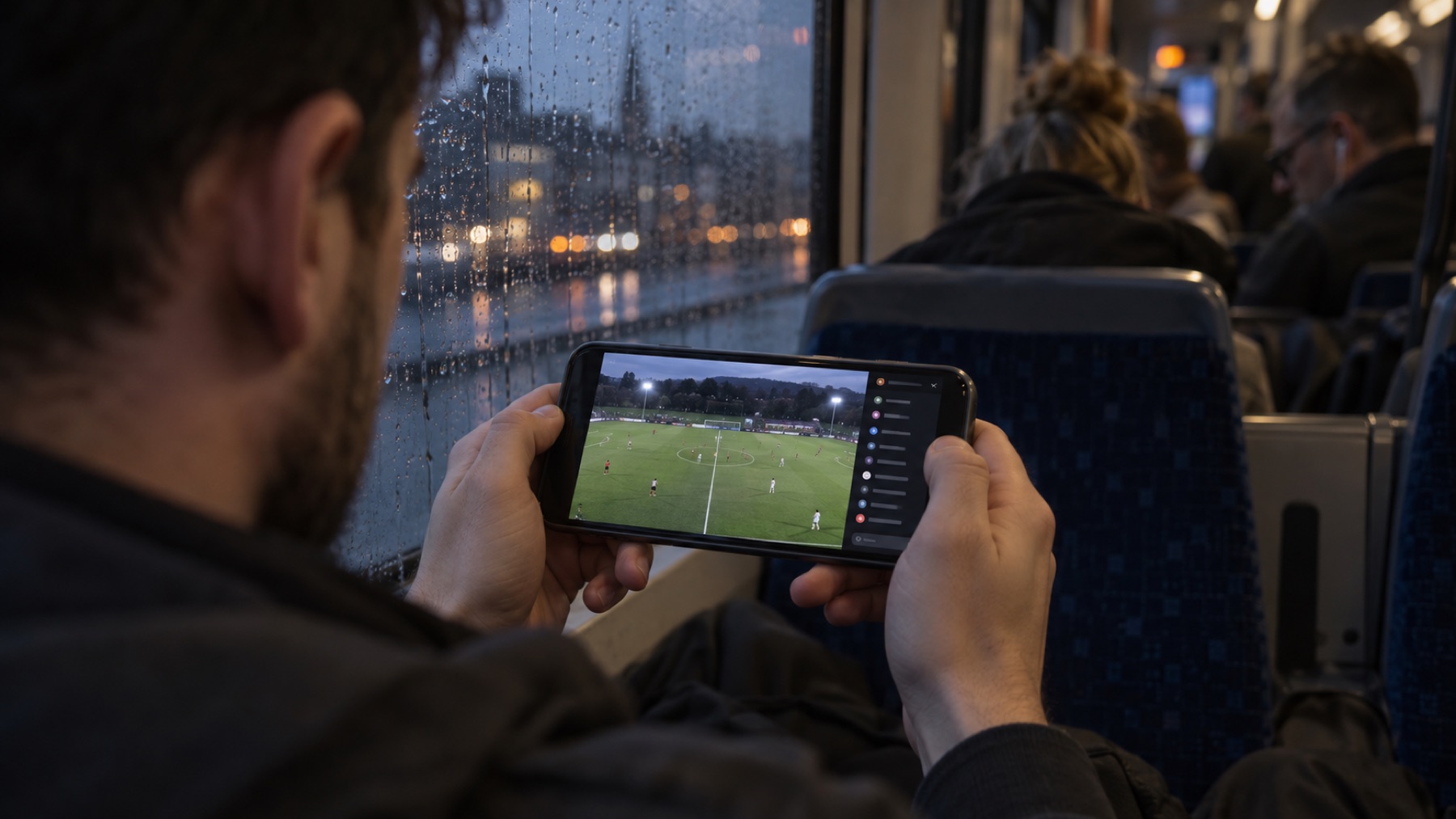 A supporter following the match on a train